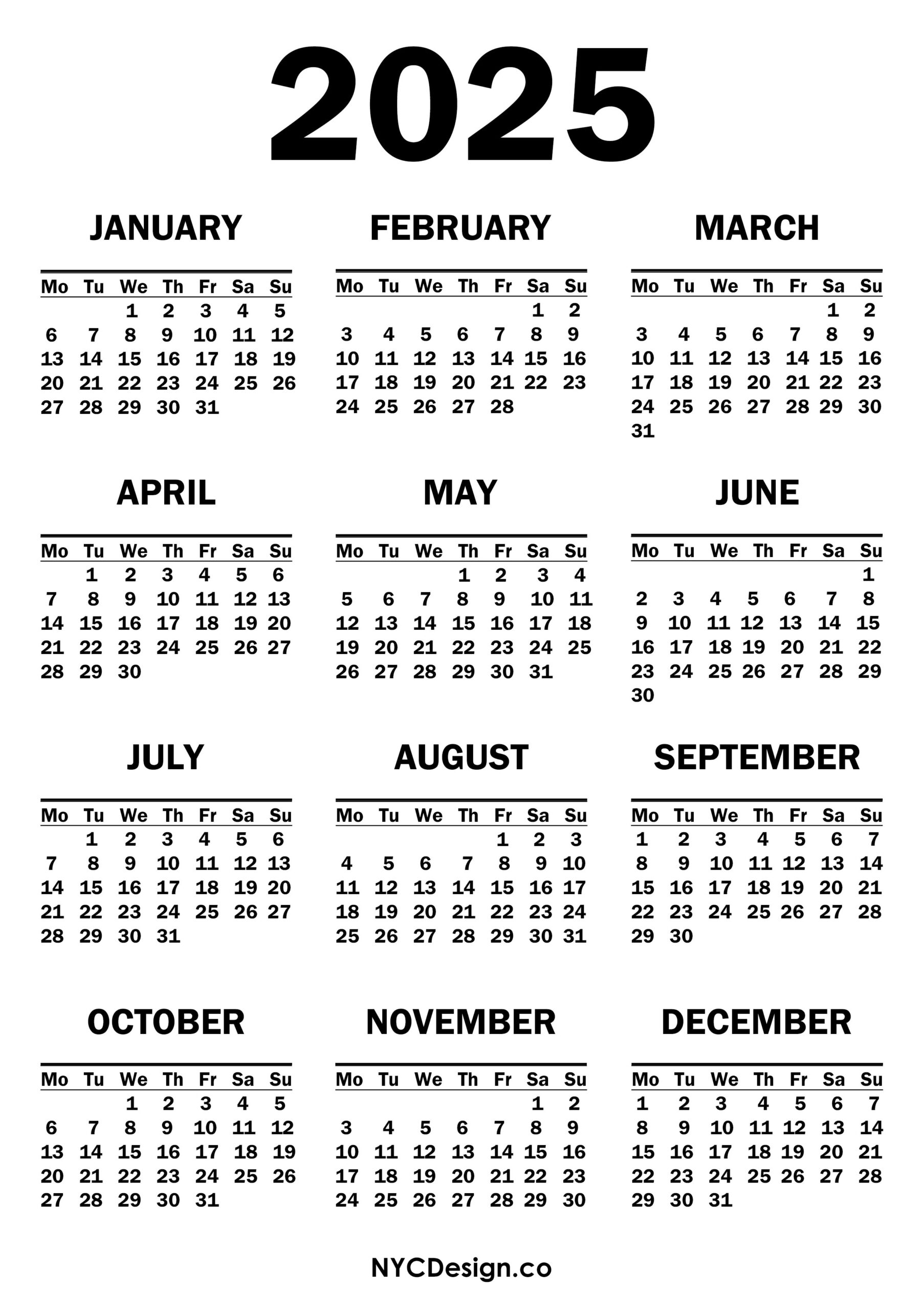 2025 Calendar Printable Free White Monday Start Nycdesign us - Free Printable 2024 And 2025 Monthly Calendar Monday Start Portrait