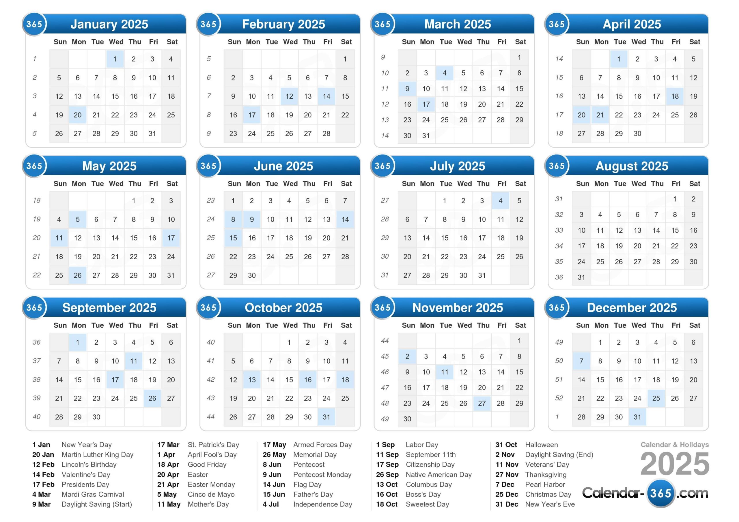 2025 Calendar - Free Printable 2024 Calendar 2025 W Holidays