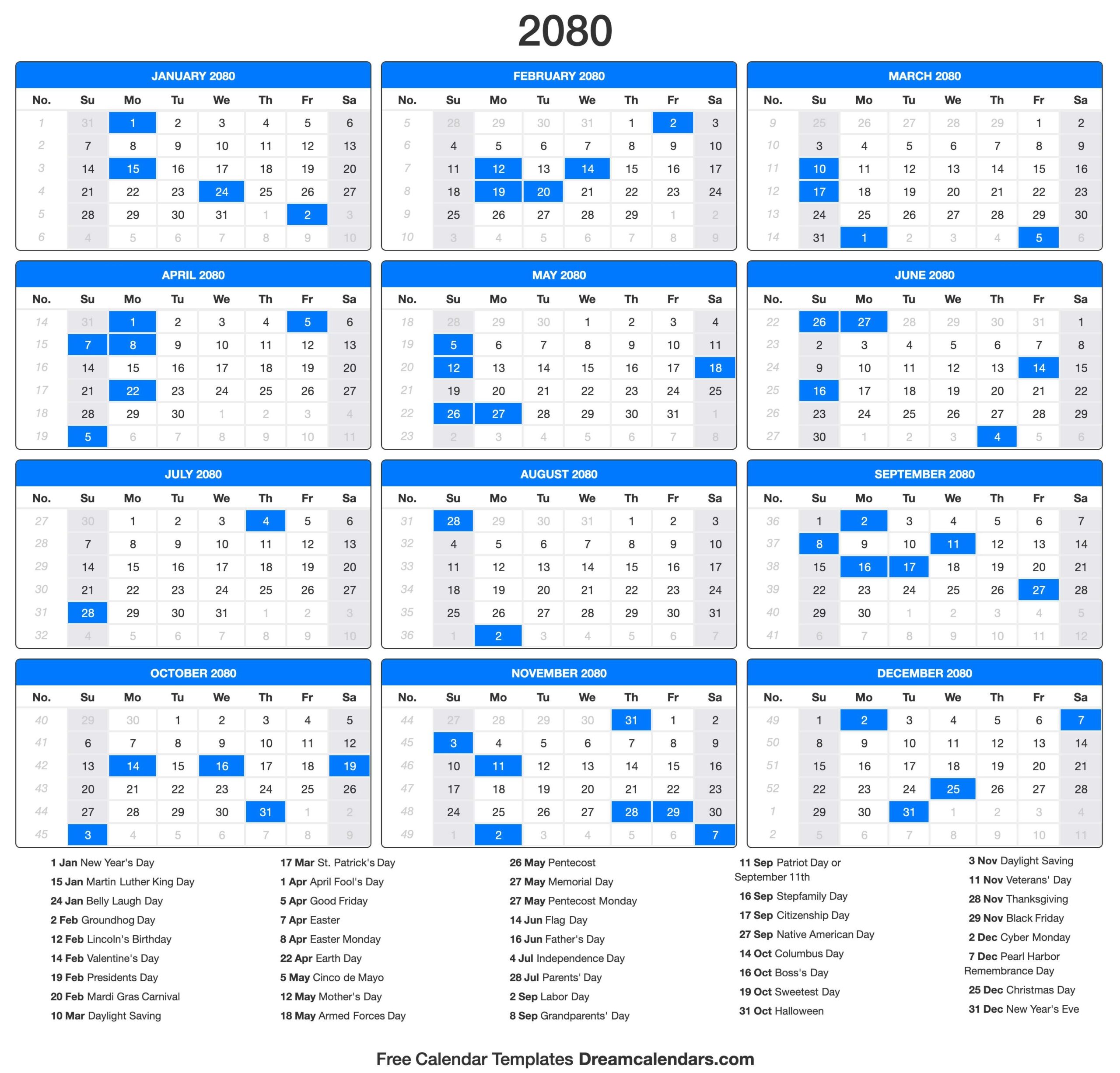 2080 Calendar - Free Printable 2024 Monthly Calendar With World Observations