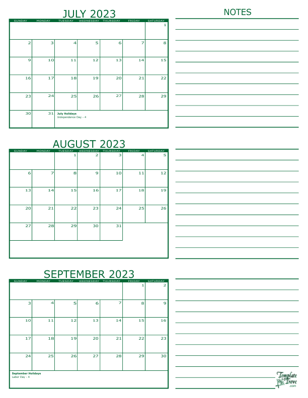 3 Month Calendar 2023 - Free Printable 3 Month Calendar July August & Sept 2024