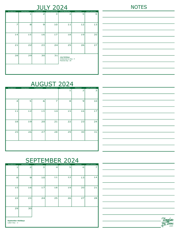 3 Month Calendar 2024 - Free Printable Calendar 2024 July August September Free