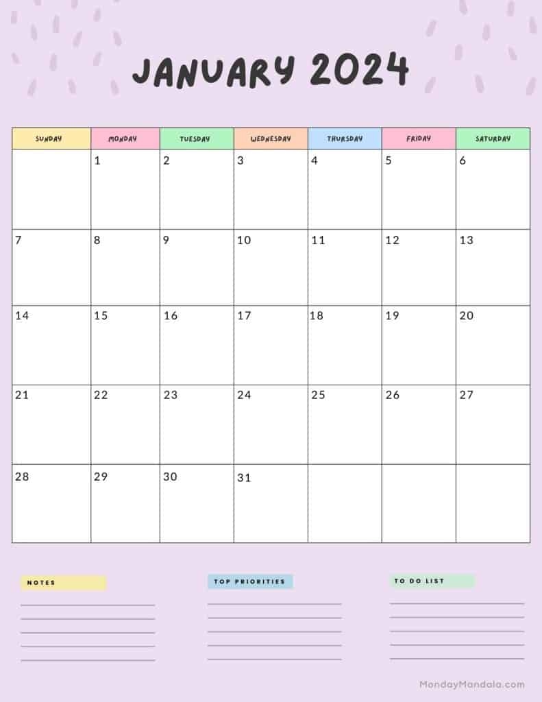 52 January 2024 Calendars (Free Pdf Printables) with Free Printable Calendar 2024 January Purple