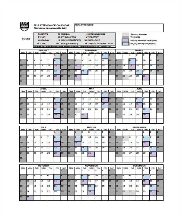 8 Attendance Calendar Templates Free Sample Example Format Download - Free Printable 2024 Attendance Calendar Template