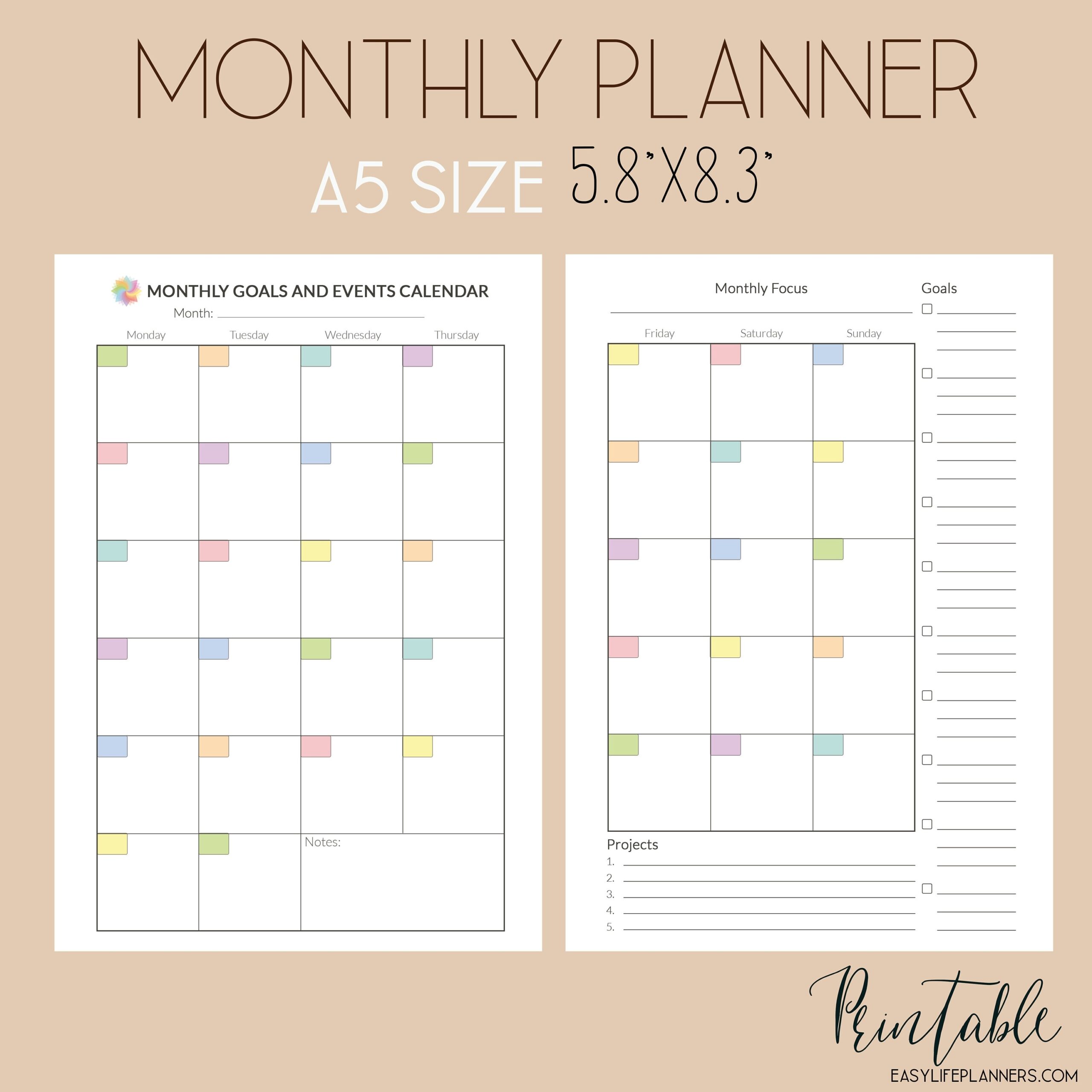 A5 Planner Inserts Monthly Planner Printable PDF Monthly Etsy - Free Printable A5 Monthly Calendar 2024