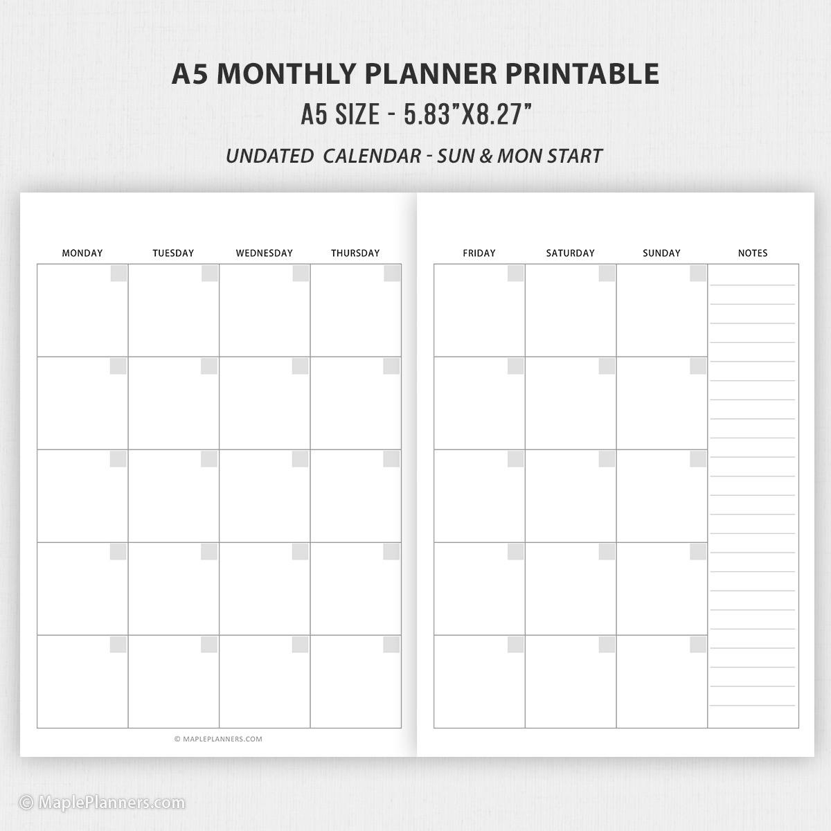 A5 Planner Printable Inserts A5 Weekly And Monthly Planner Inserts - Free Printable A5 Monthly Calendar 2024