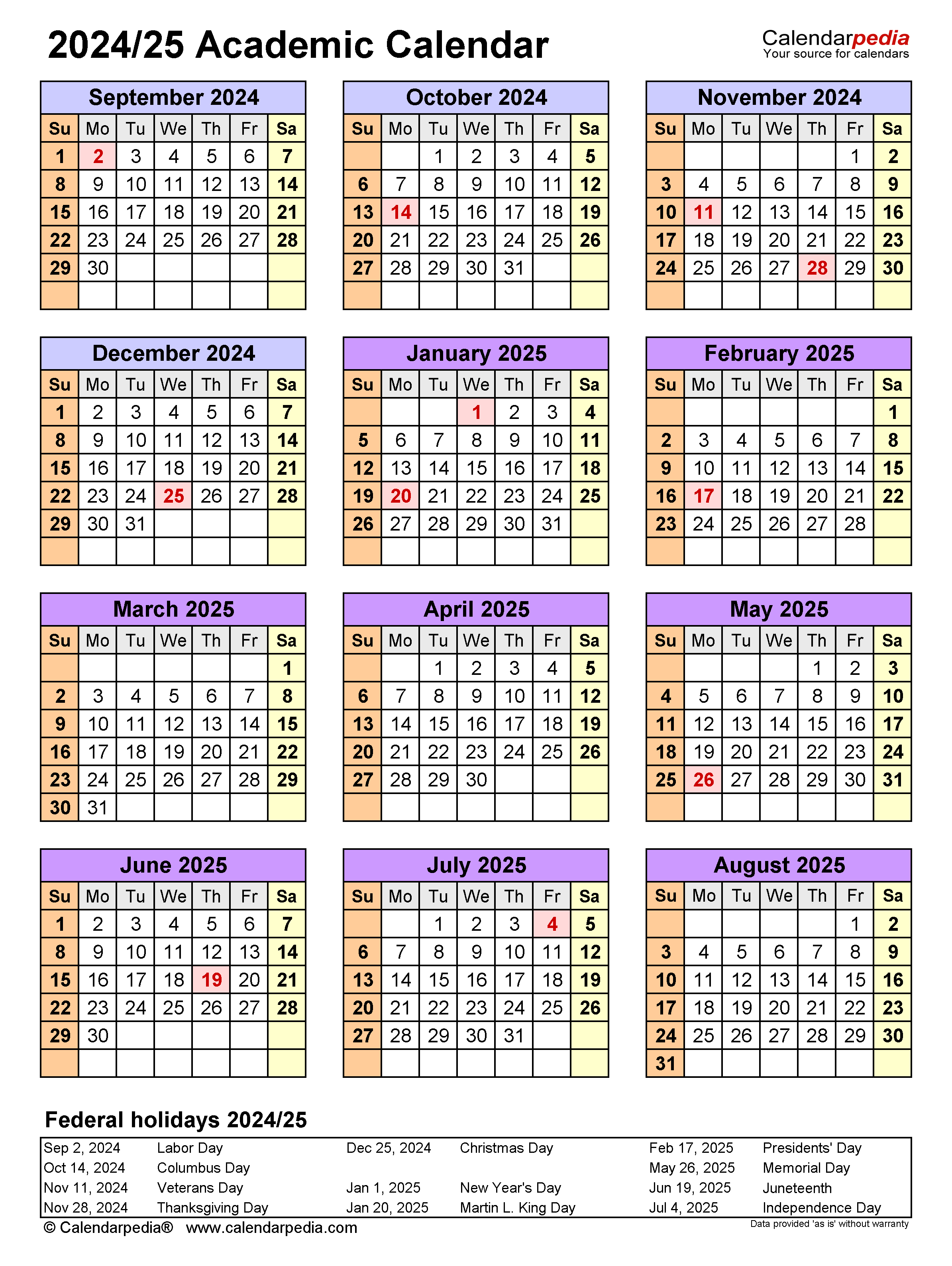 Academic Calendars 2024 2025 Free Printable PDF Templates