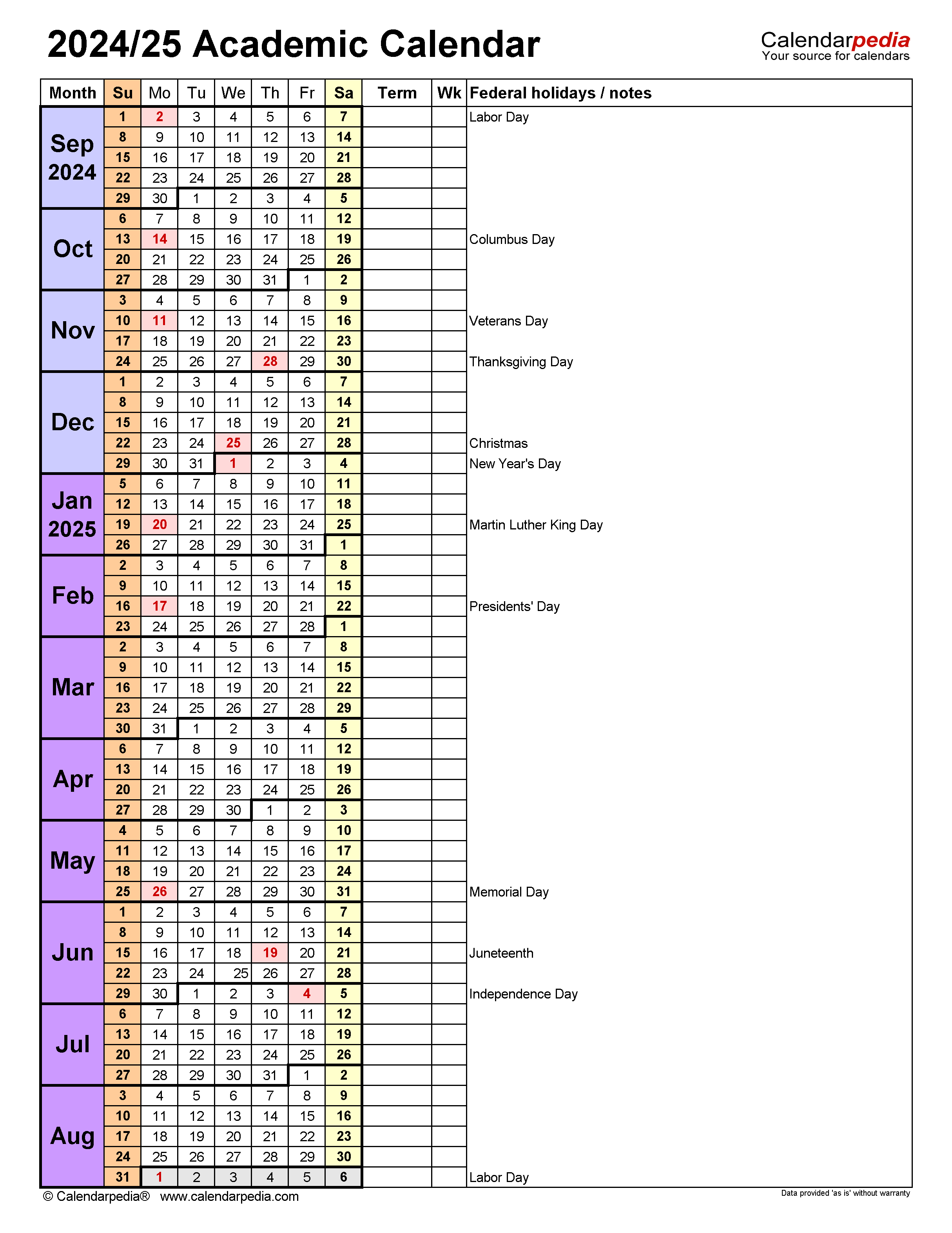 Academic Calendars 2024 2025 Free Printable PDF Templates - Free Printable Academic Calendar 2024-2025