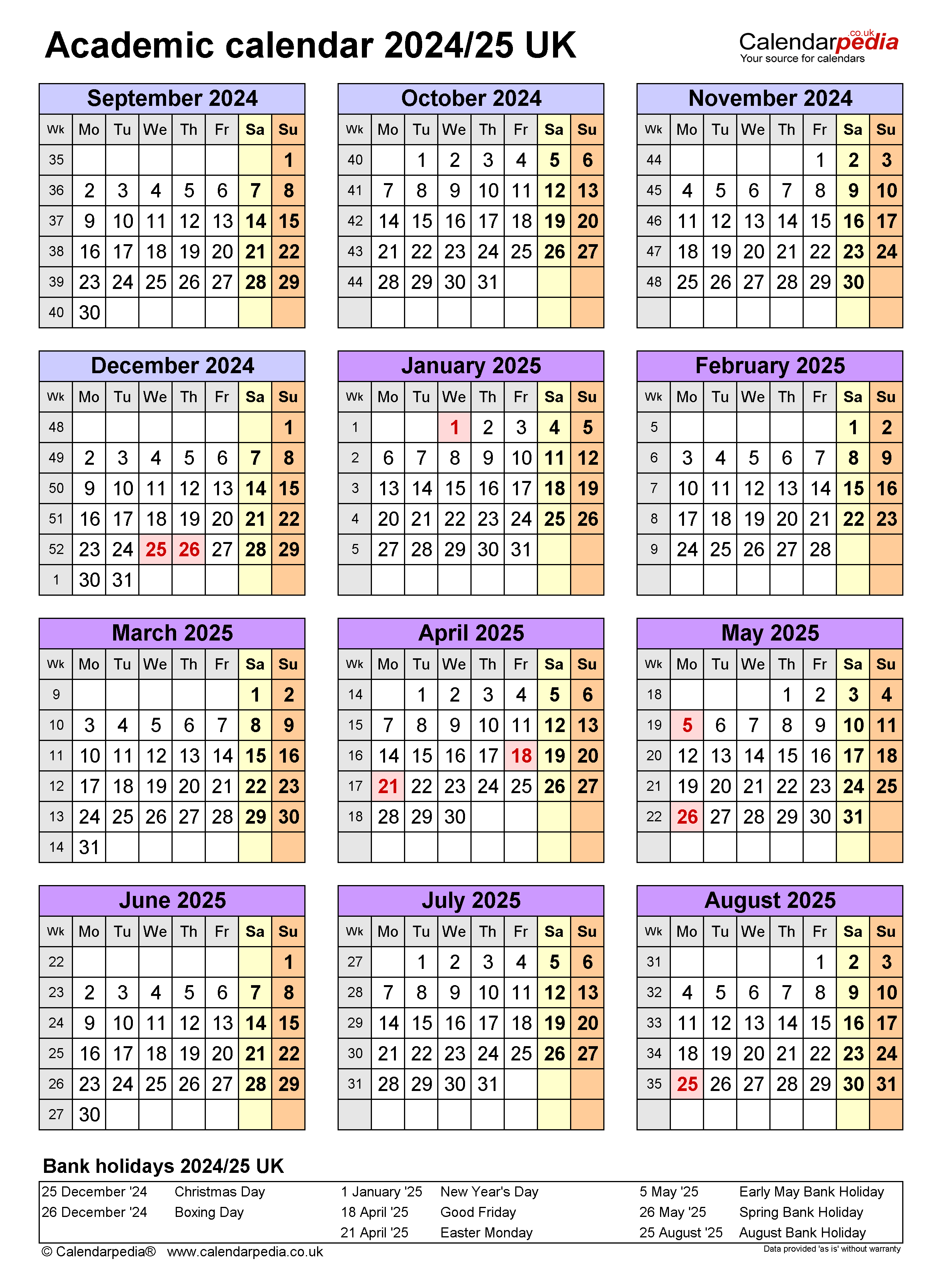 Academic Calendars 2024 25 UK Free Printable Word Templates - Free Printable Academic Calendar 2024-2025