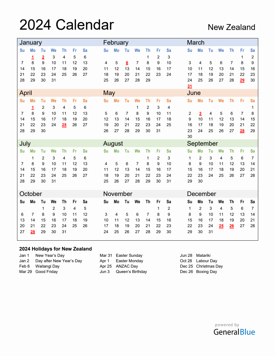 Annual Calendar 2024 With New Zealand Holidays throughout Free Printable Calendar 2024 Nz With Public Holidays