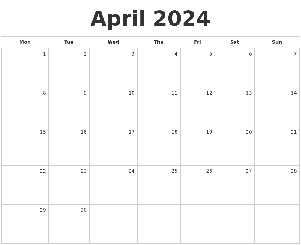 April 2024 Blank Monthly Calendar - Free Printable Calendar 2024 April May