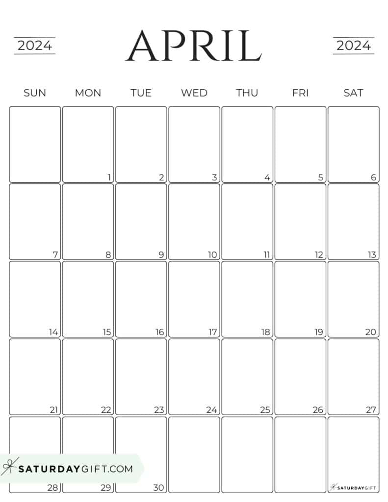 April 2024 Calendar - 20 Cute &amp;amp; Free Printables | Saturdaygift inside Free Printable Black And White April 2024 Calendar