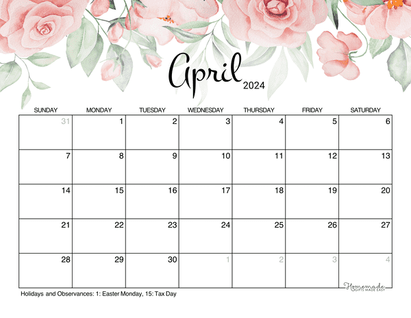 April 2024 Calendar Free Printable With Holidays - Free Printable Calendar April 2024 UK