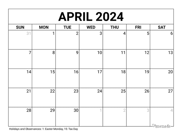 April 2024 Calendar Free Printable With Holidays - Free Printable 2024 Calendar From Towncalendars