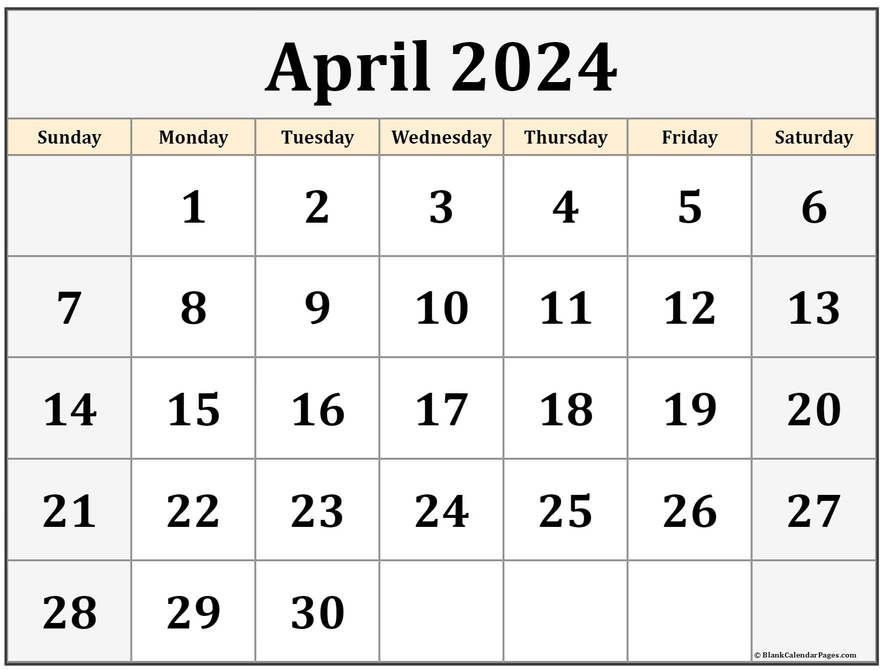 April 2024 Calendar Of The Month Free Printable April Calendar Of The - Free Printable April 2024 Calendar Large Print