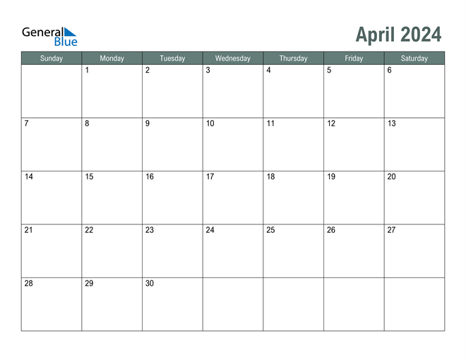 April 2024 Calendar PDF Word Excel - Free Printable Calendar 2024 General Blue