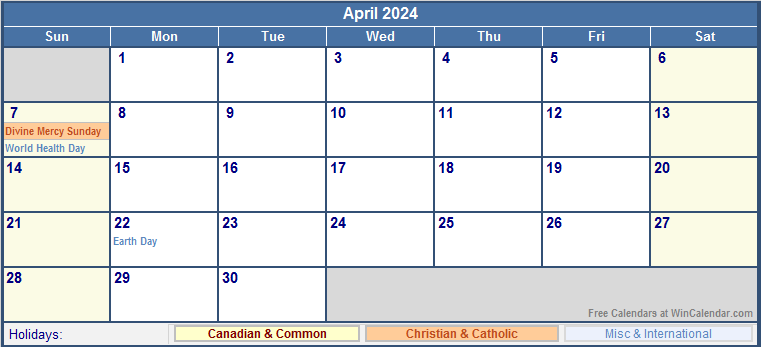 April 2024 Canada Calendar With Holidays For Printing image Format - Free Printable 2024 Calendar With Holidays Canada