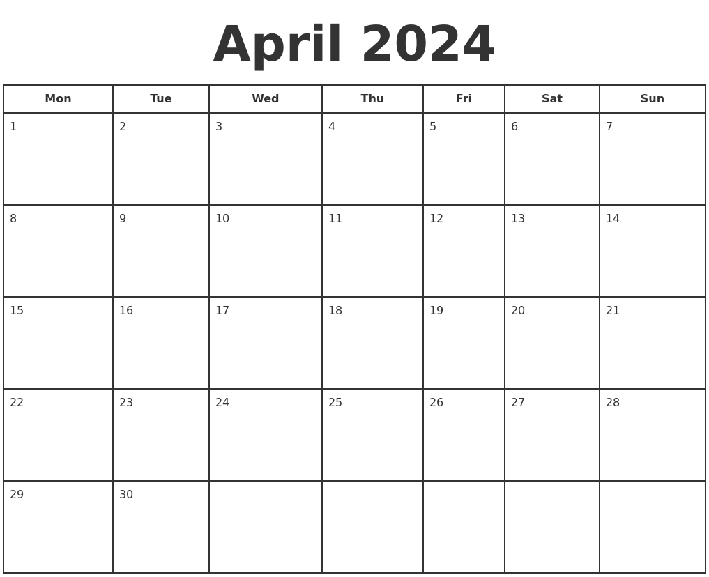 April 2024 Print A Calendar | Free Printable Calendar April 2024 UK