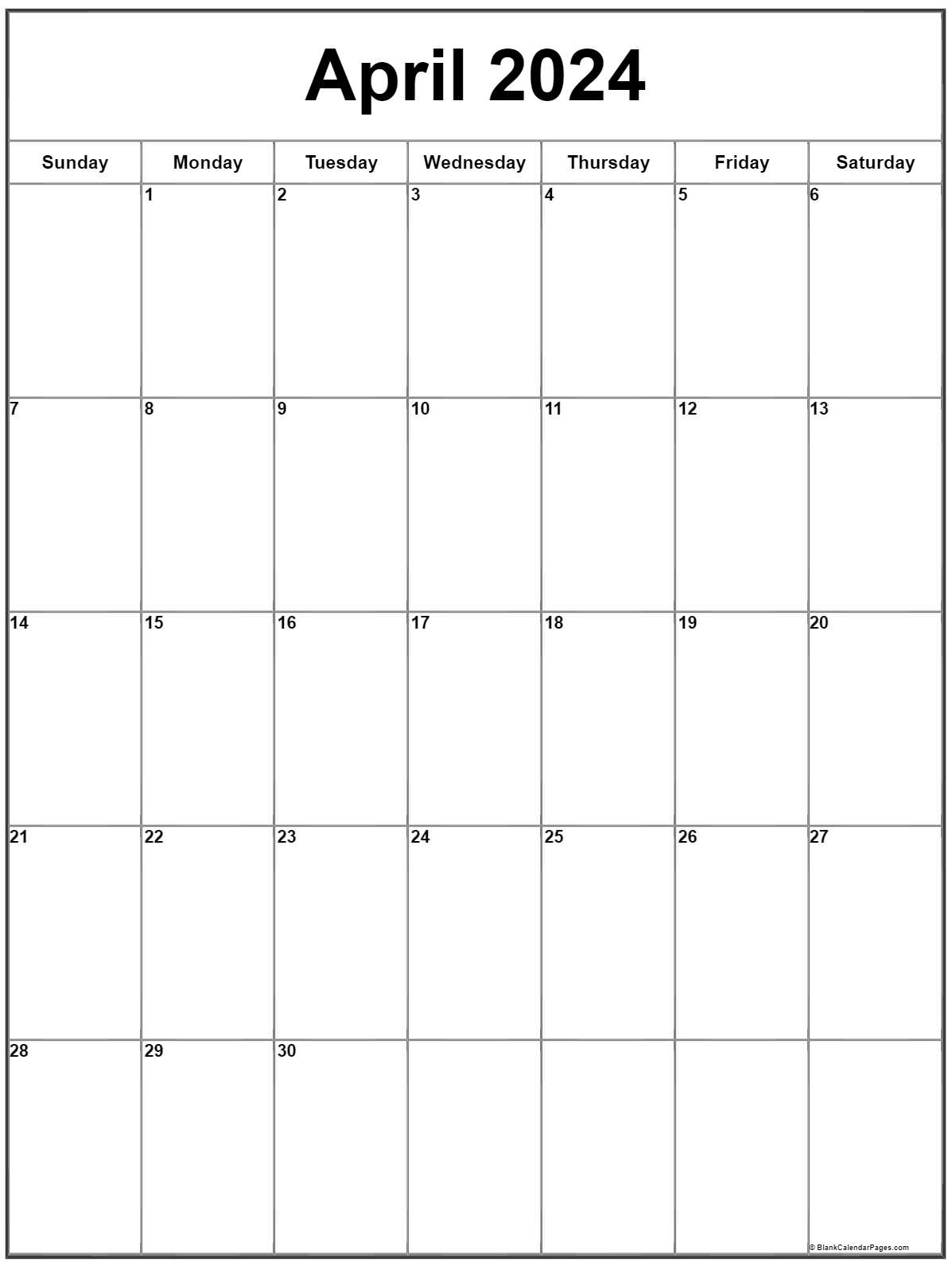 April 2024 Vertical Calendar Portrait - Free Printable Calendar April 2024 UK