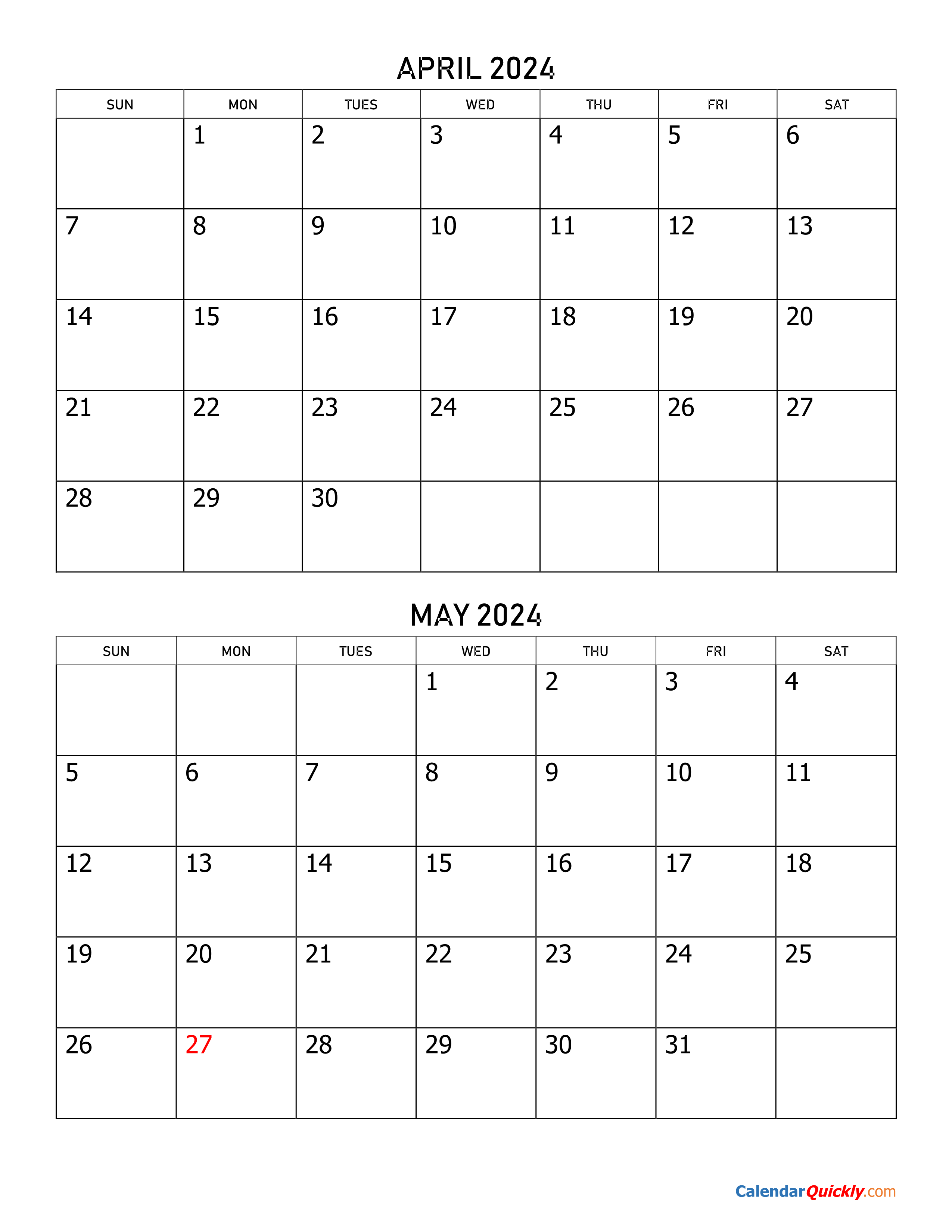 April And May 2024 Calendar Calendar Quickly - Free Printable April 2024 Calendar Page