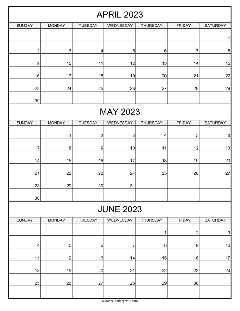 April May June 2023 Calendar Printable Template | Three Month Calendar in Free Printable Calendar April May June 2024
