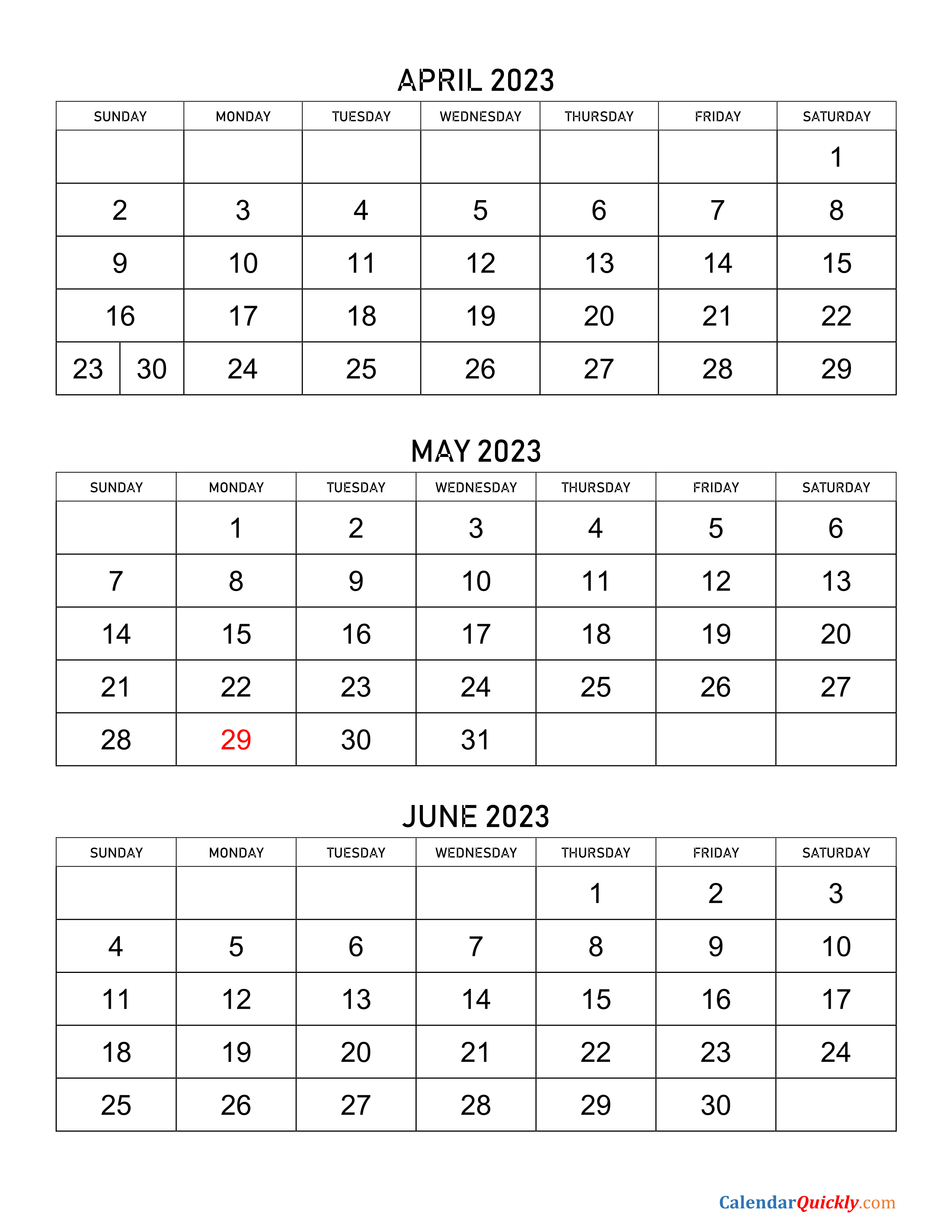 April To June 2023 Calendar Calendar Quickly - Free Printable 3 Month Calendar April May & June 2024