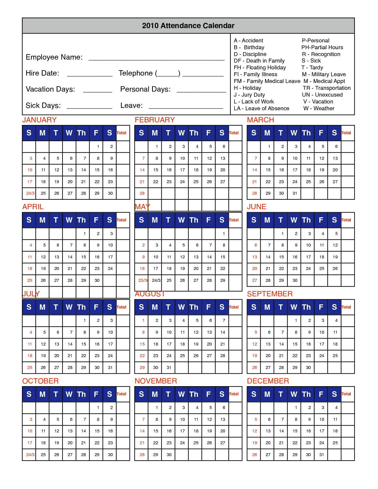 Attendance Calendars For Employee Template Calendar Template Printable - Free Printable 2024 Attendance Calendar Template