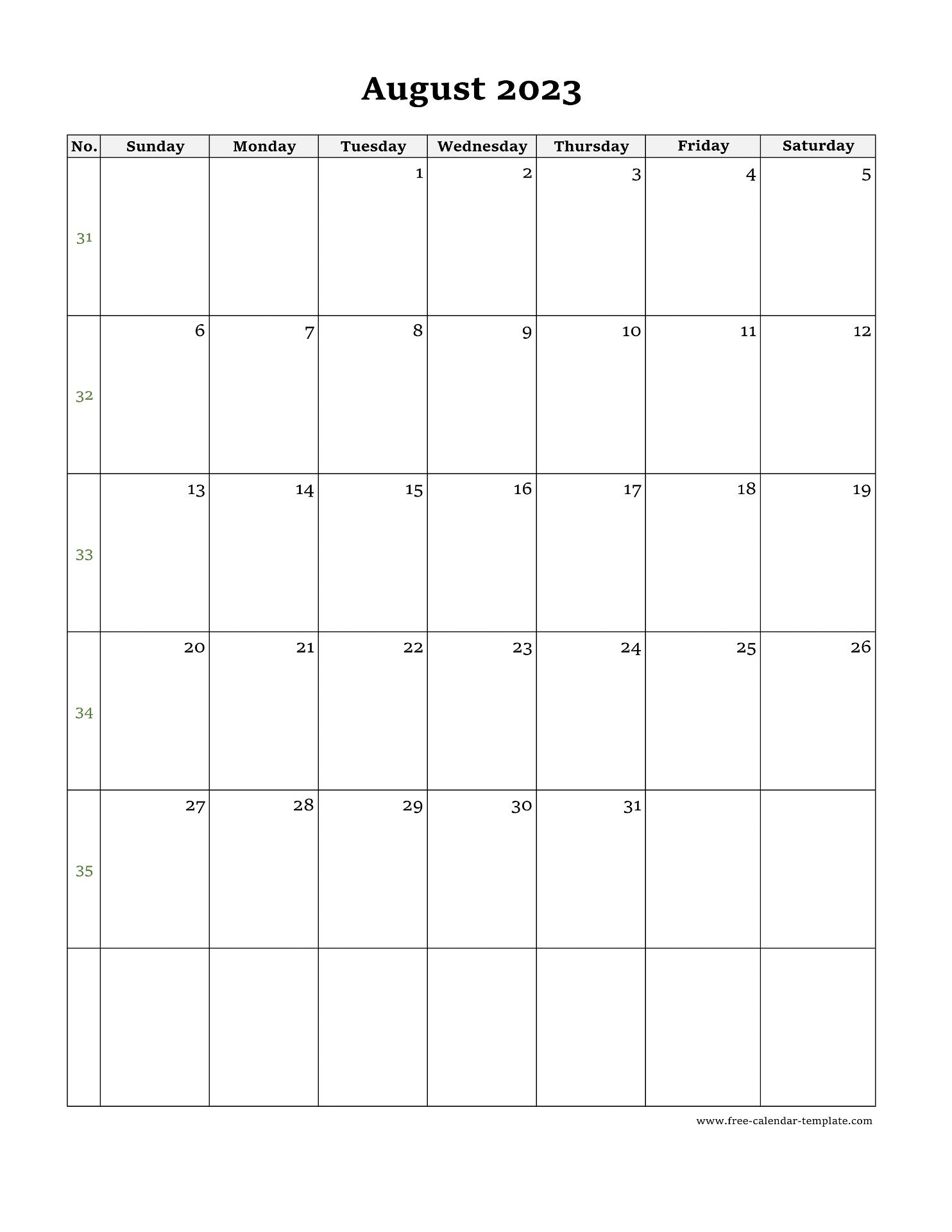 August 2023 Calendar Printable August 2023 Vertical Calendar Portrait - Free Printable Blank August Calendar 2024