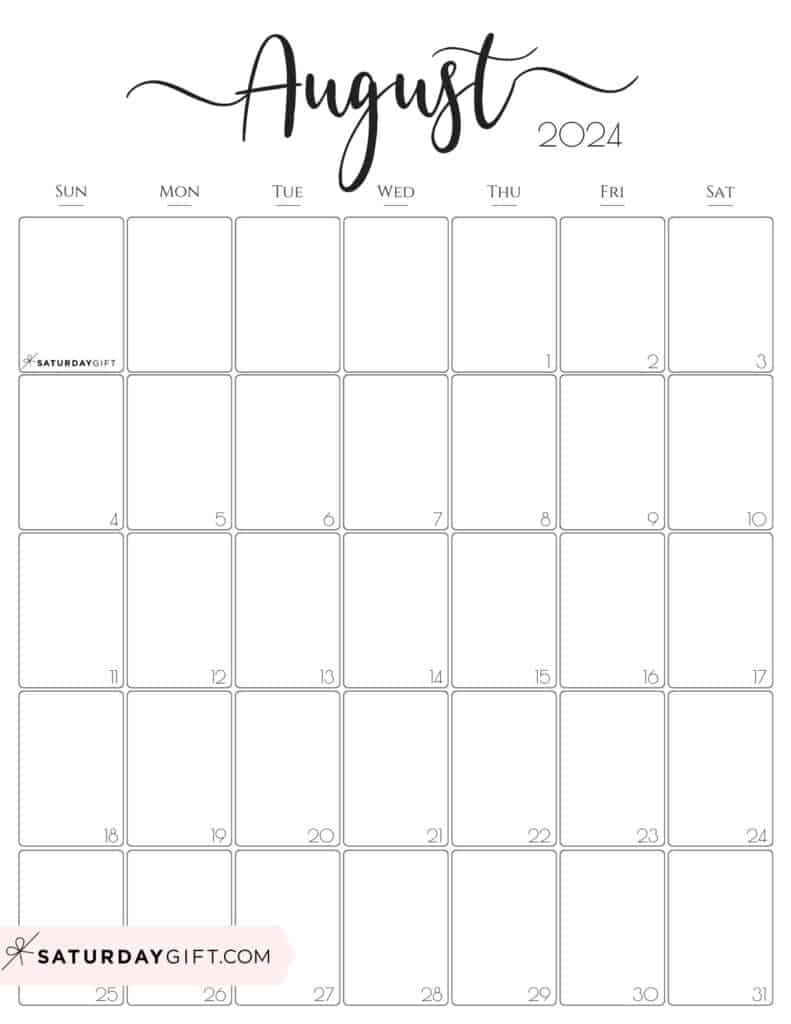 August 2024 Calendar - 20 Cute &amp;amp; Free Printables | Saturdaygift pertaining to Free Printable Black And White August 2024 Calendar