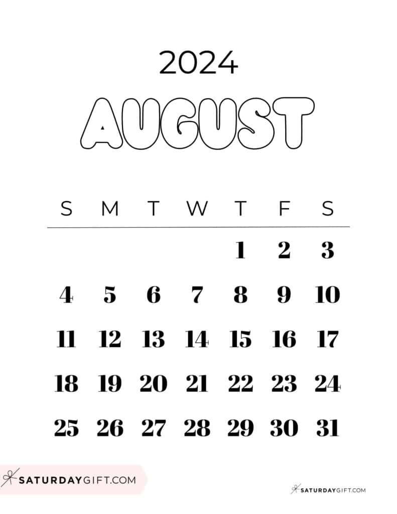 August 2024 Calendar - 20 Cute &amp;amp; Free Printables | Saturdaygift regarding Free Printable Black And White August 2024 Calendar