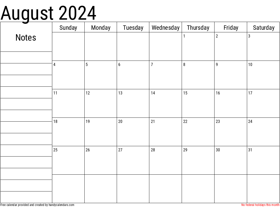 August 2024 Calendar With Notes And Holidays - Handy Calendars for Free Printable August 2024 Calendar With Notes