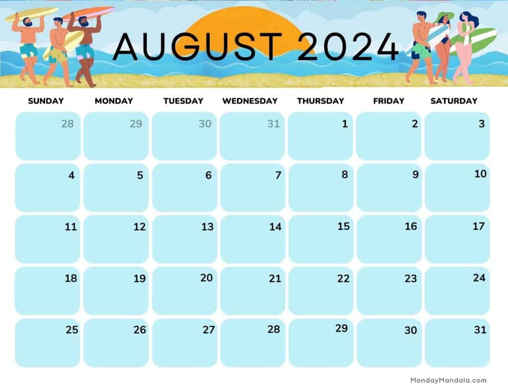 August 2024 Calendars (52 Free Pdf Printables) for Free Printable August 2024 Calendar With Holidays