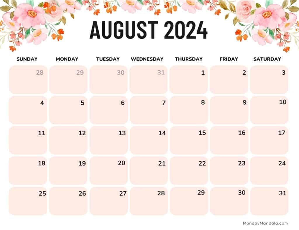 August 2024 Calendars (52 Free Pdf Printables) regarding Free Printable August 2024 Calendar Cute