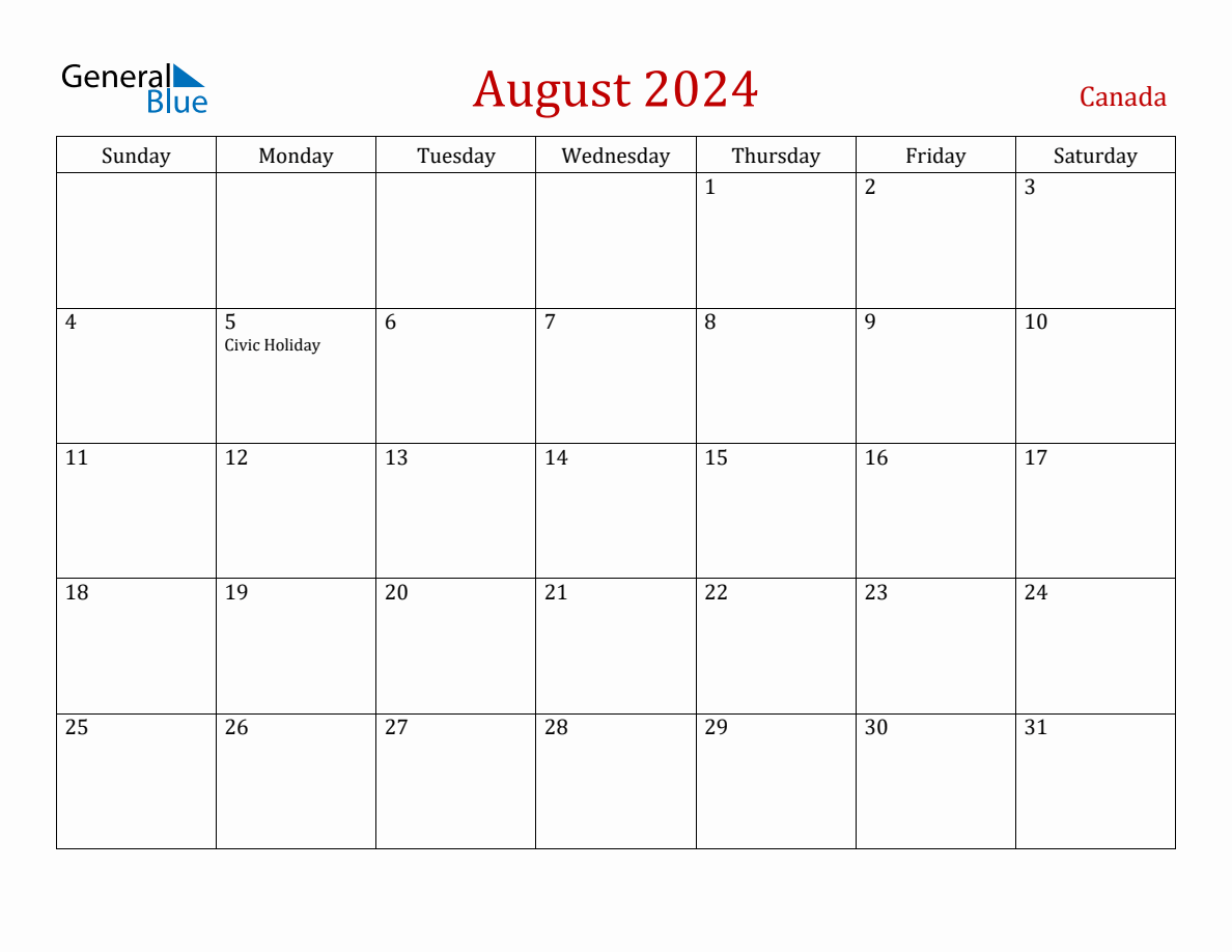 August 2024 Canada Monthly Calendar With Holidays within Free Printable August 2024 Calendar Canada