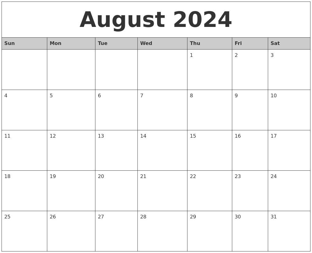 August 2024 Monthly Calendar Printable - Free Printable 2024 August Calendar