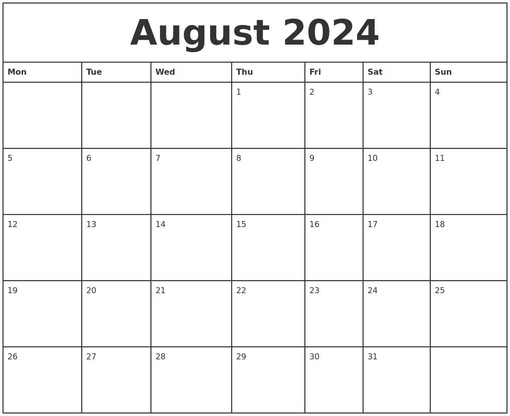 August 2024 Printable Monthly Calendar - Free Printable August 2024 Calendar Template