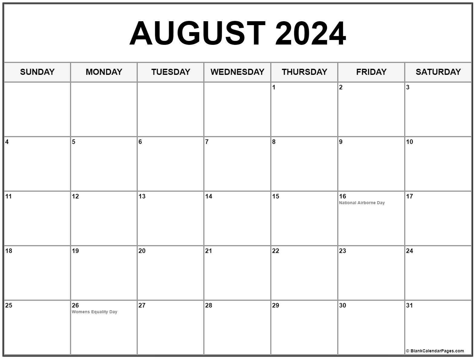 August 2024 With Holidays Calendar in Free Printable August 2024 Monthly Calendar With Holidays