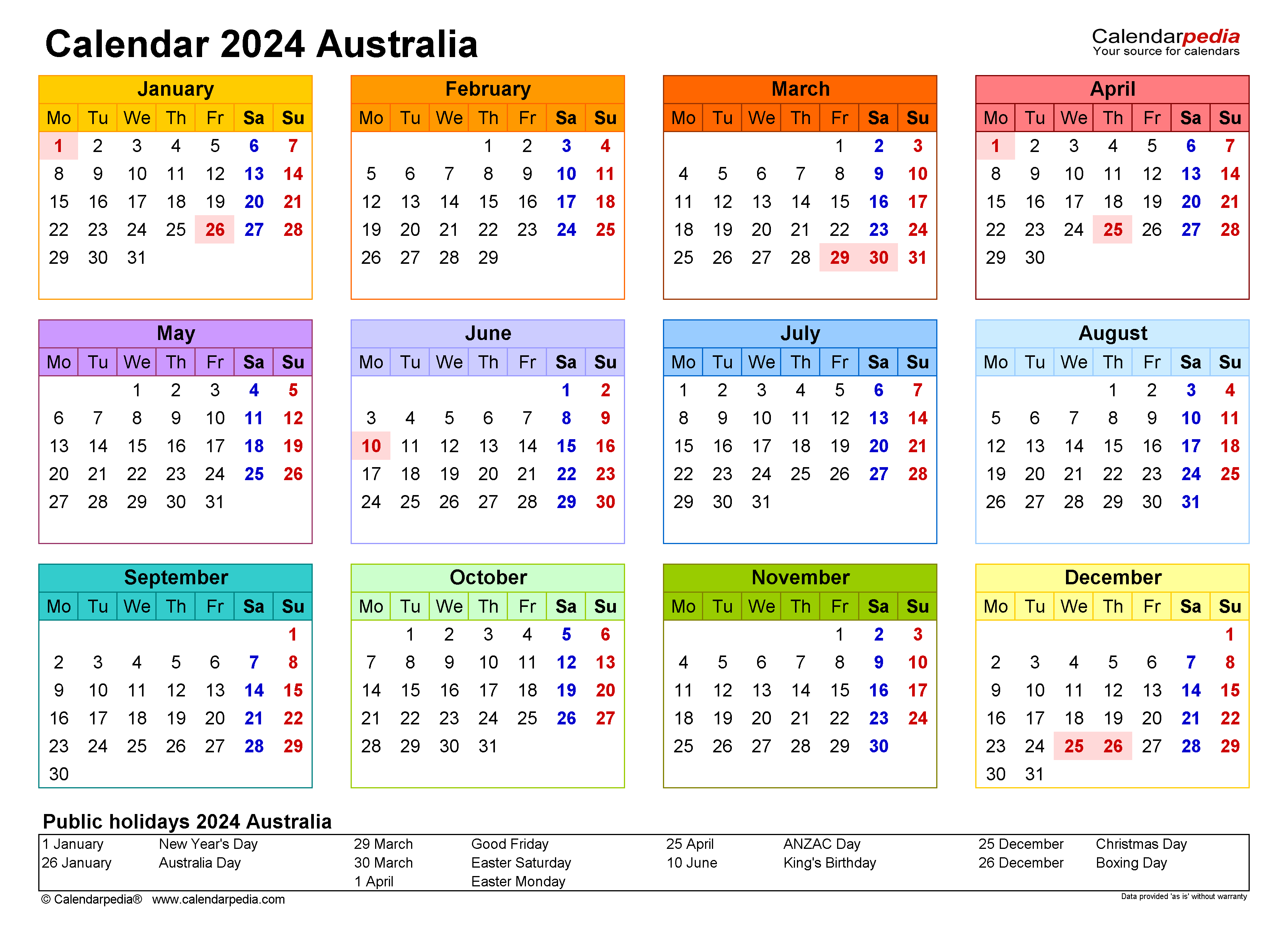 Australia Calendar 2024 Free Printable Word Templates | Free Printable 2024 Yearly Calendar Australia