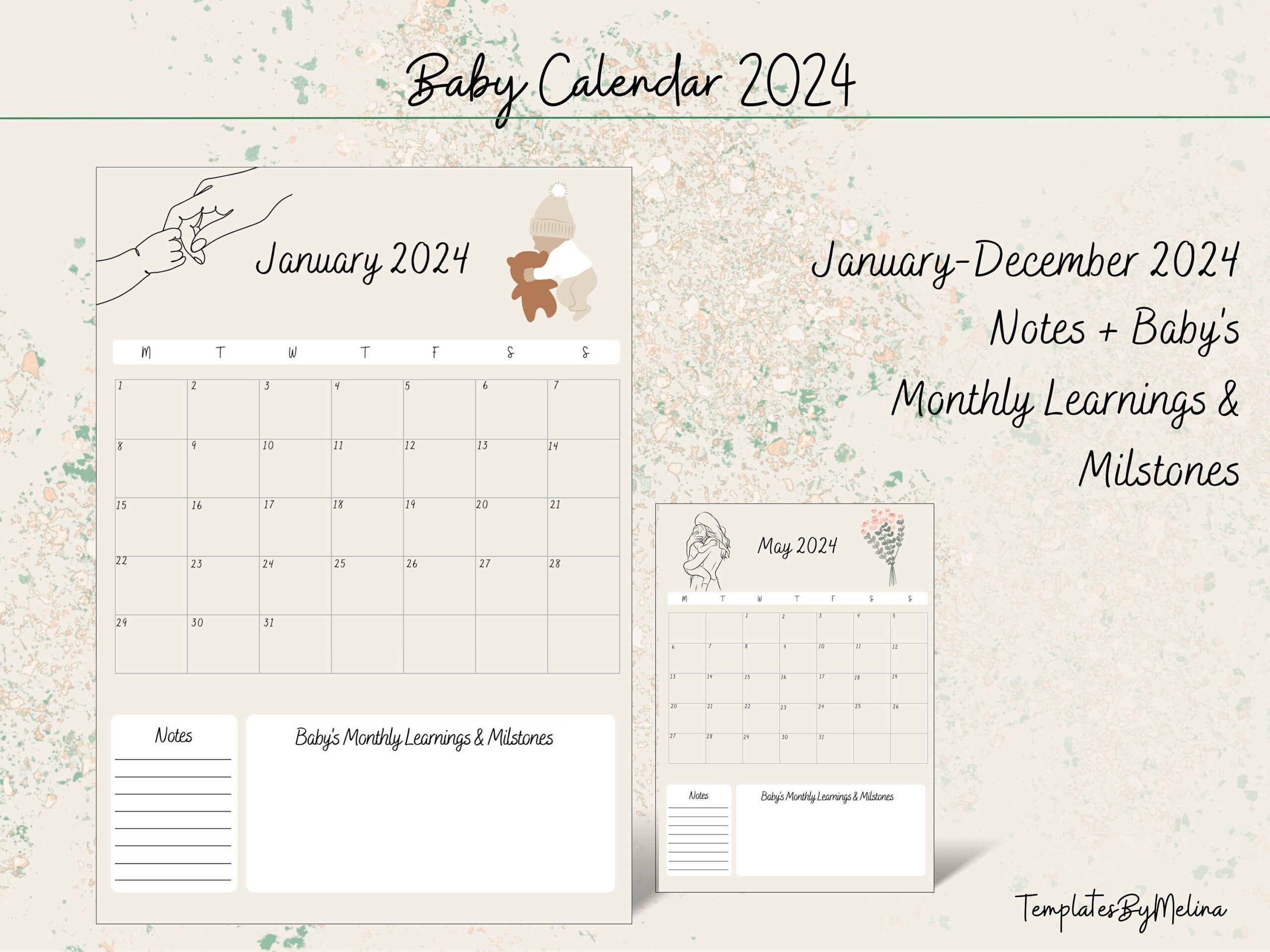 Baby Calendar 2024, Printable Monthly Calendar, Monthly Calendar intended for Free Printable Baby Calendar 2024