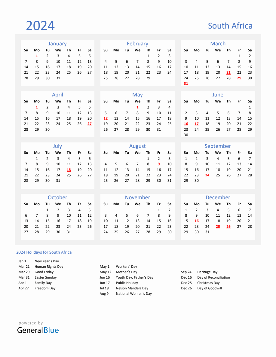 Basic Yearly Calendar With Holidays In South Africa For 2024 pertaining to Free Printable Calendar 2024 South Africa