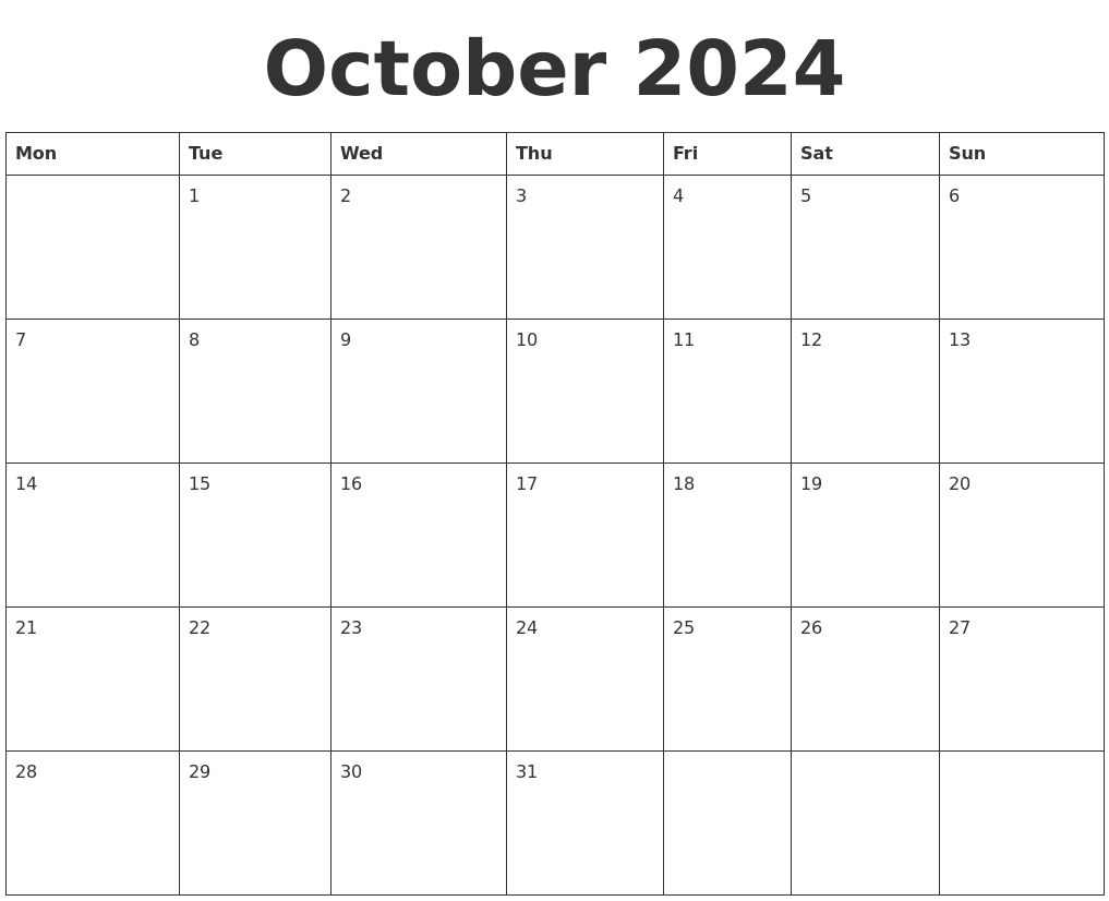 Blank Calendar For October 2024 Printable 2024 CALENDAR PRINTABLE - Free Printable 2024 Blank Monthly Calendar