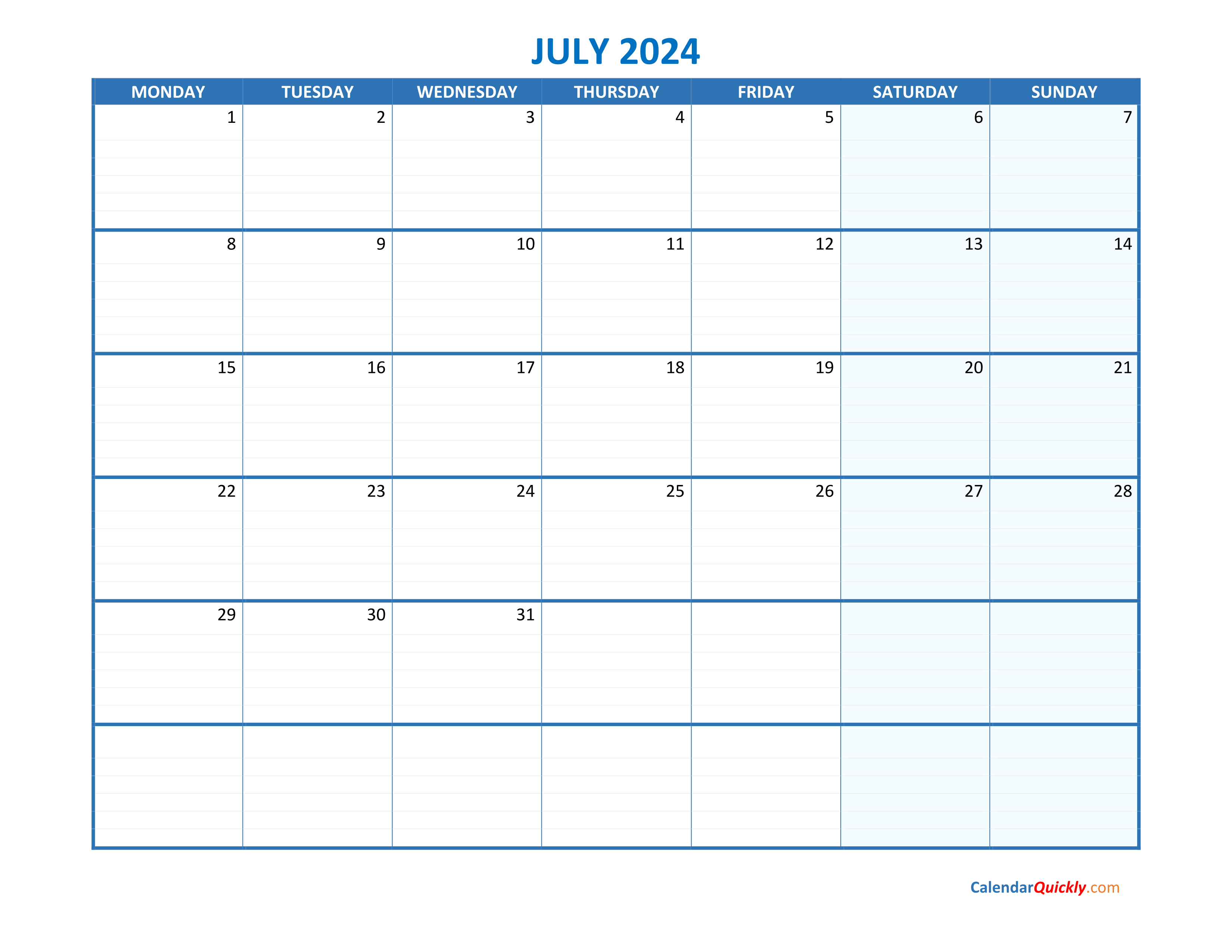 Blank Calendar July 2024 Printable Blank Printable - Free Printable 2024 Monthly Calendar Monday Start