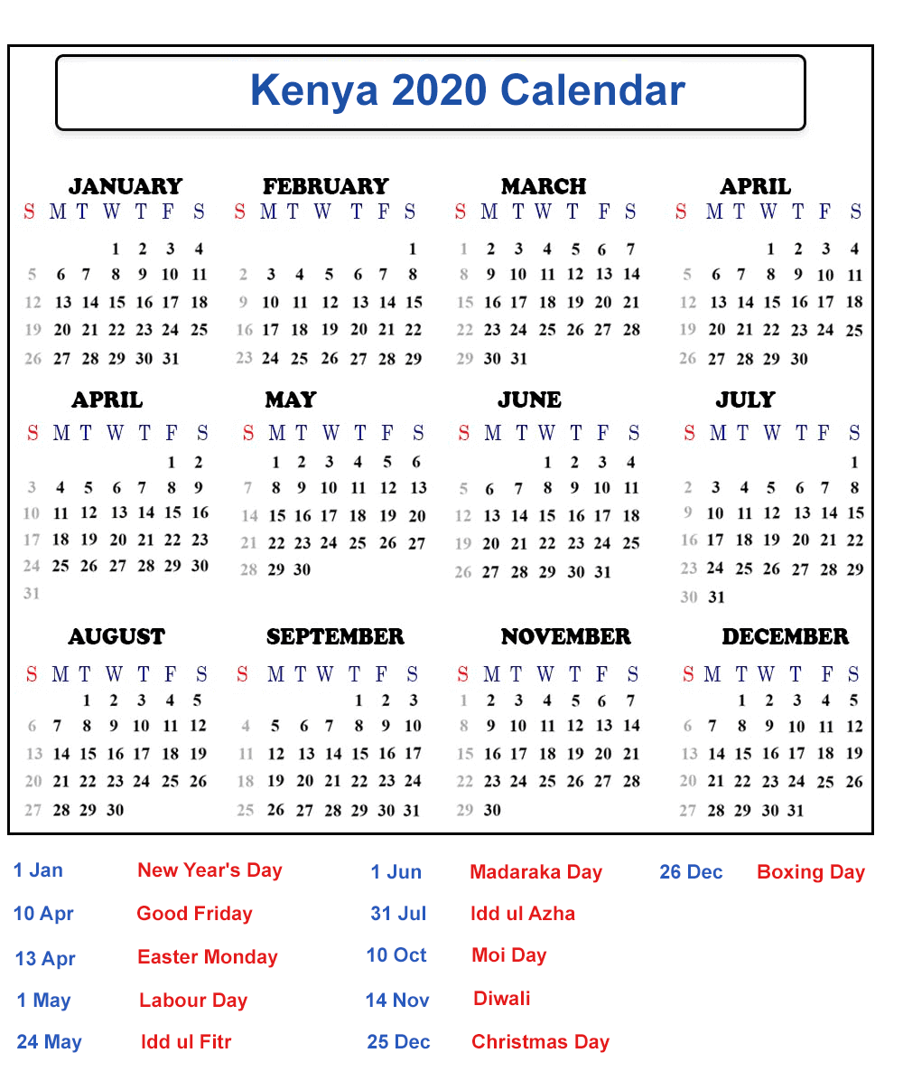 Blank Kenya 2020 Printable Calendar With Public Holidays - Free Printable 2024 Calendar With Holidays Kenya