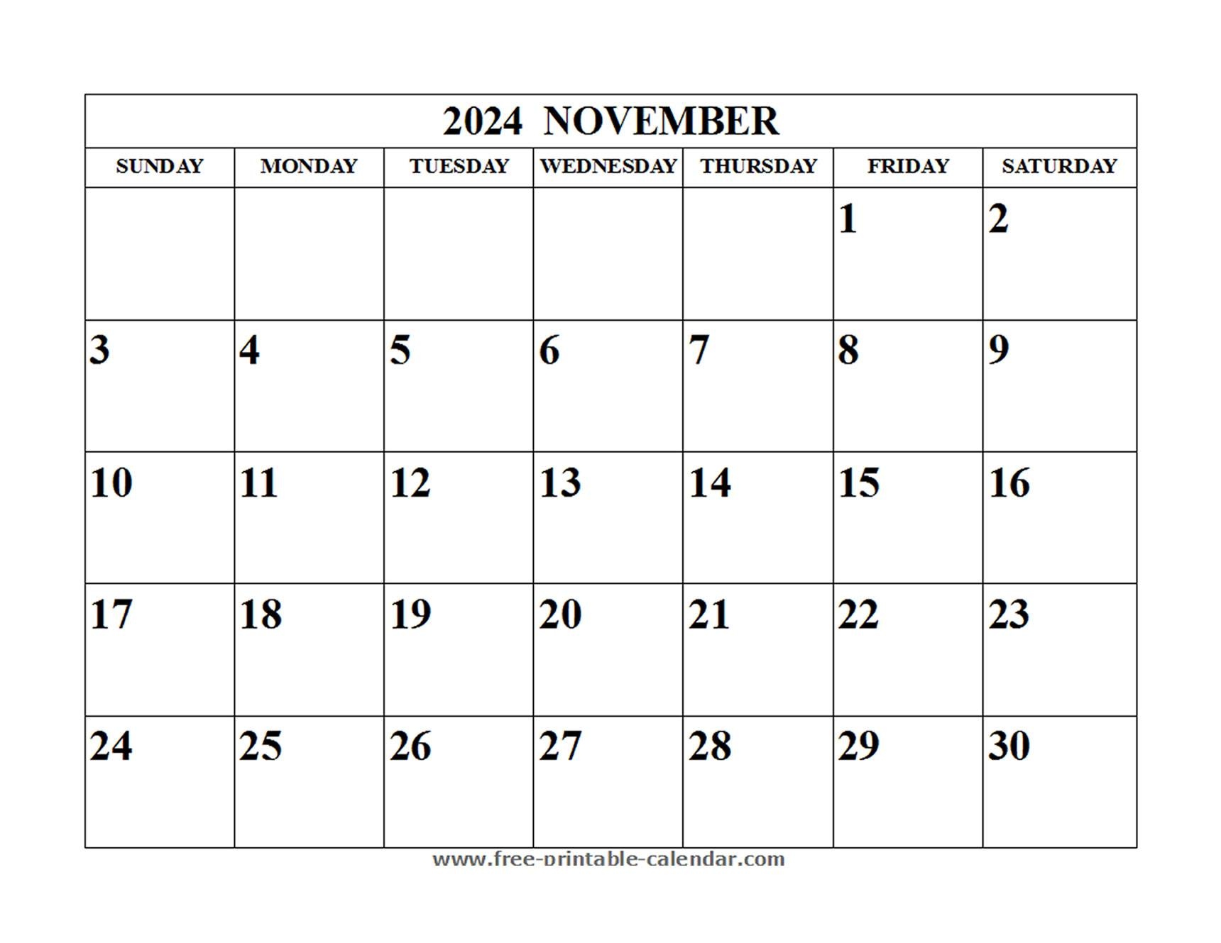 Blank November 2024 Calendar - Free-Printable-Calendar pertaining to Free Printable Blank Calendar 2024 November