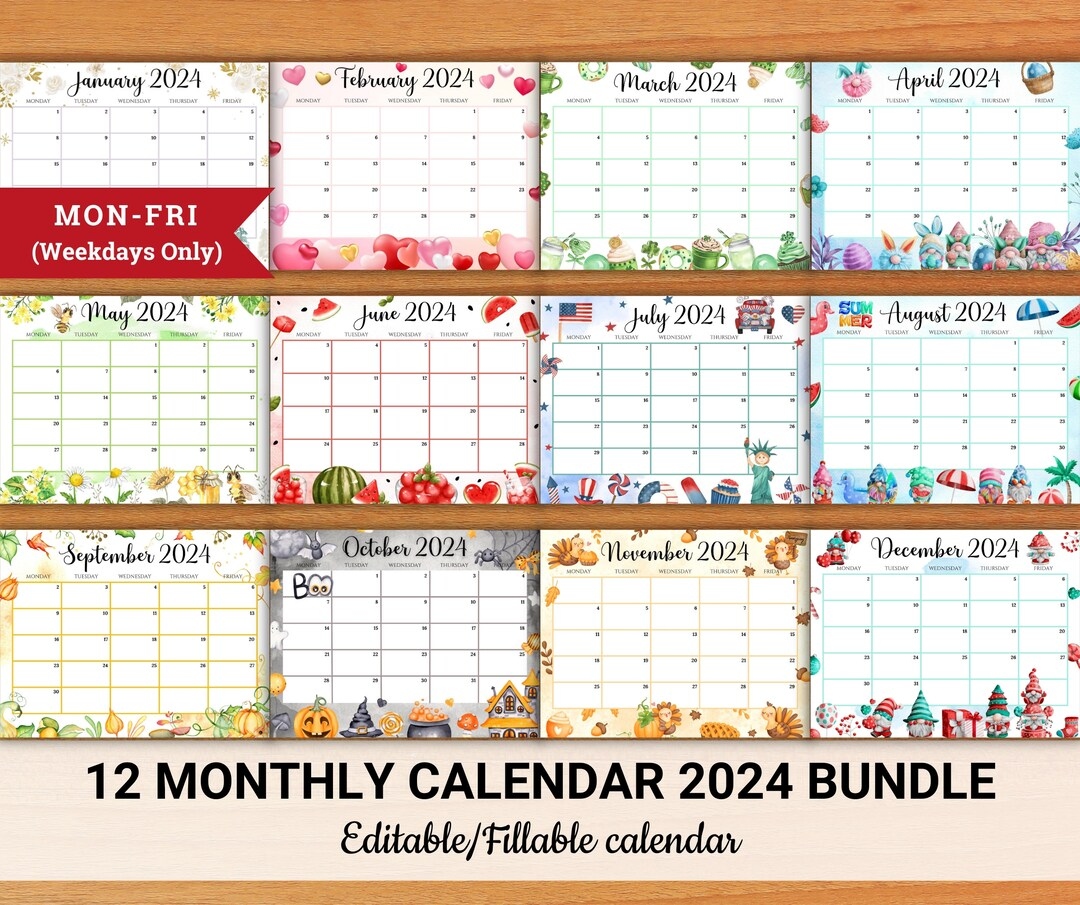 Buy Editable Monthly Calendar 2024 Bundle Monday-Friday, Weekdays regarding Free Printable And Fillable Calendar For 2024