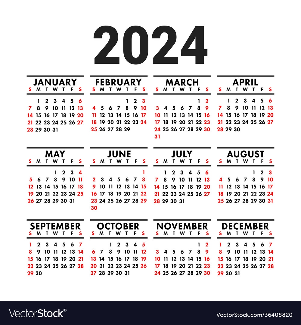 Calendar 2024 English Square Wall Or Pocket Vector Image for Free Printable Calendar 2024 Pocket Size