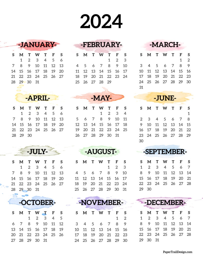 Calendar 2024 Printable One Page Paper Trail Design - Free Printable Calendar 2024 Yearly