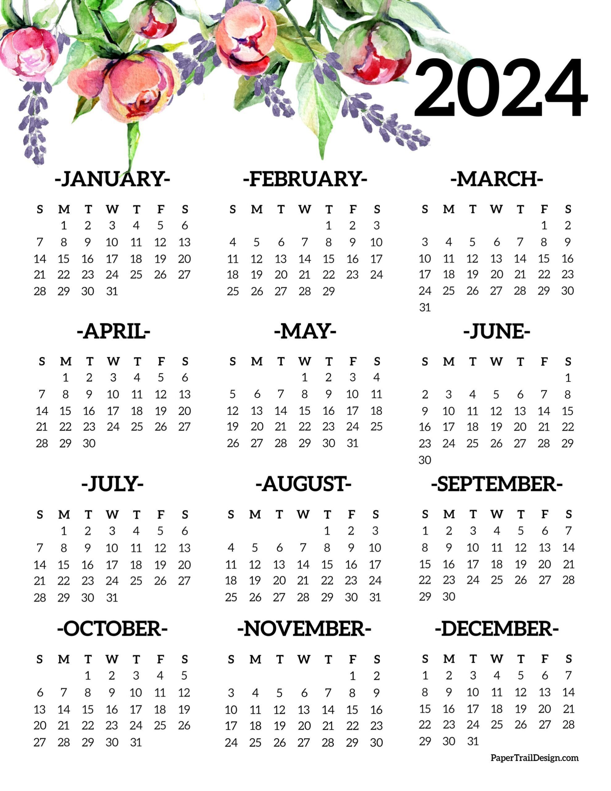 Calendar 2024 Printable One Page | Paper Trail Design | Free throughout Free Printable Calendar 2024 Bookmark