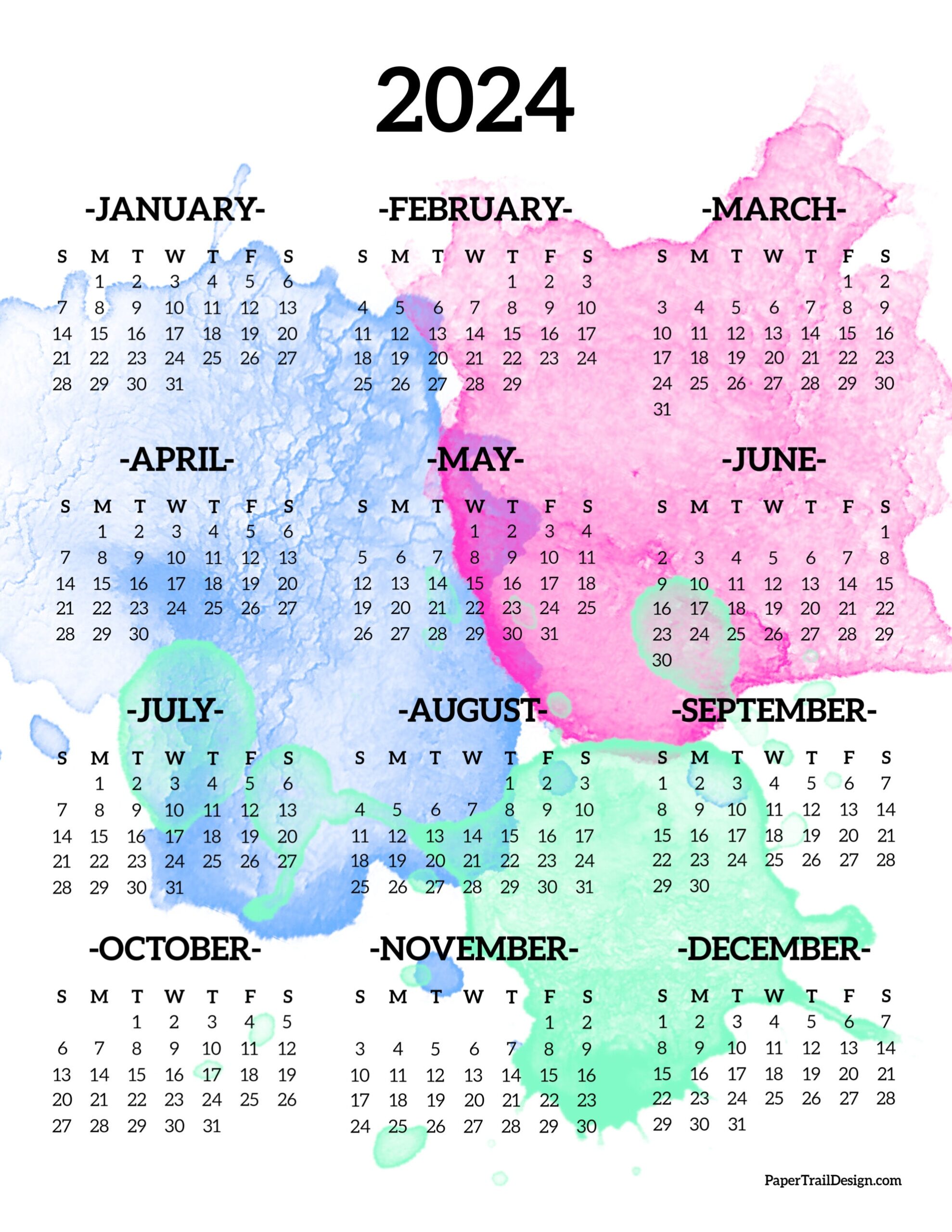 Calendar 2024 Printable One Page - Paper Trail Design intended for Free Printable Calendar 2024 One Page