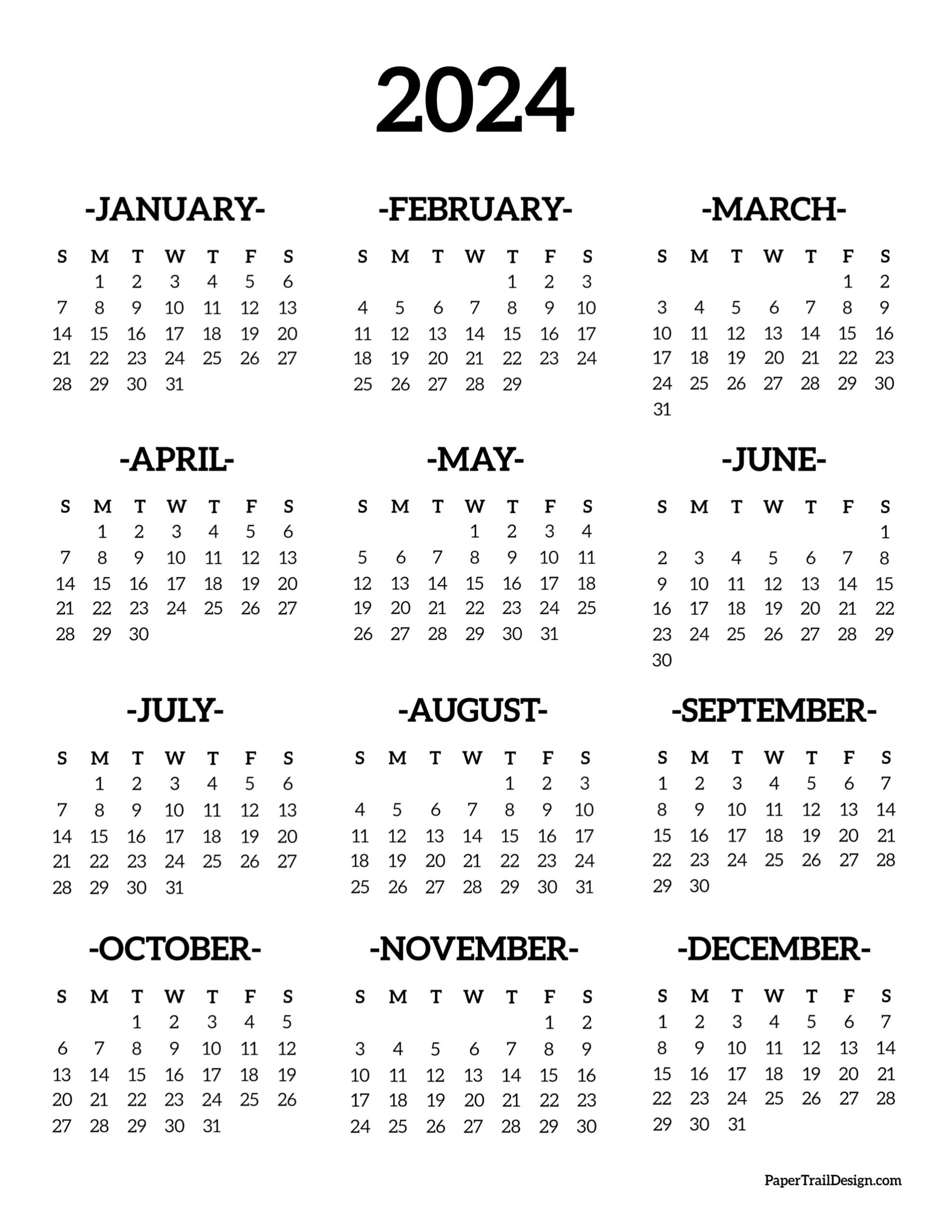 Calendar 2024 Printable One Page - Paper Trail Design regarding Free Printable Calendar 2024 Year At A Glance