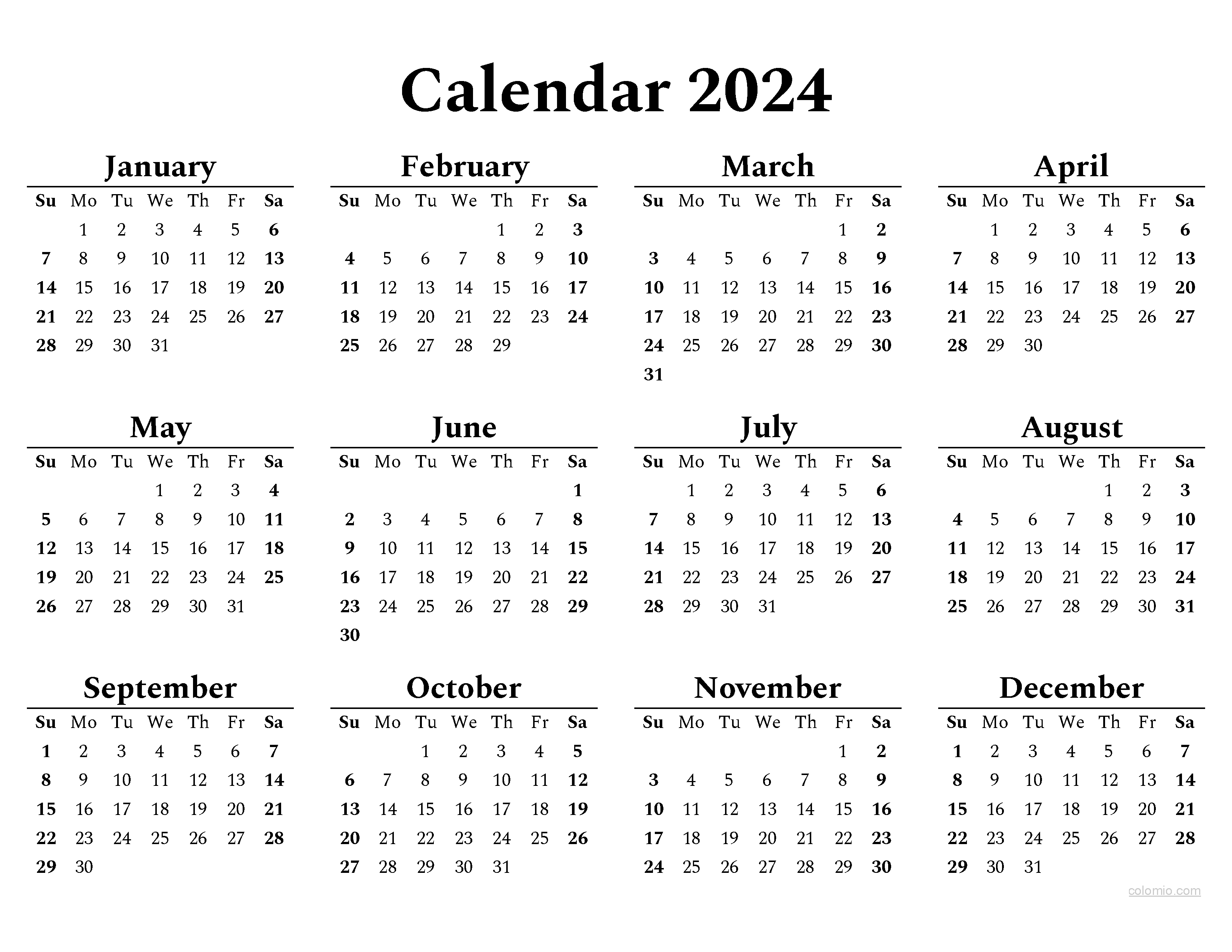 Calendar 2024 Template Pdf Fina Orelle - Free Printable 2024 Year Calendar Monthly With Holidays